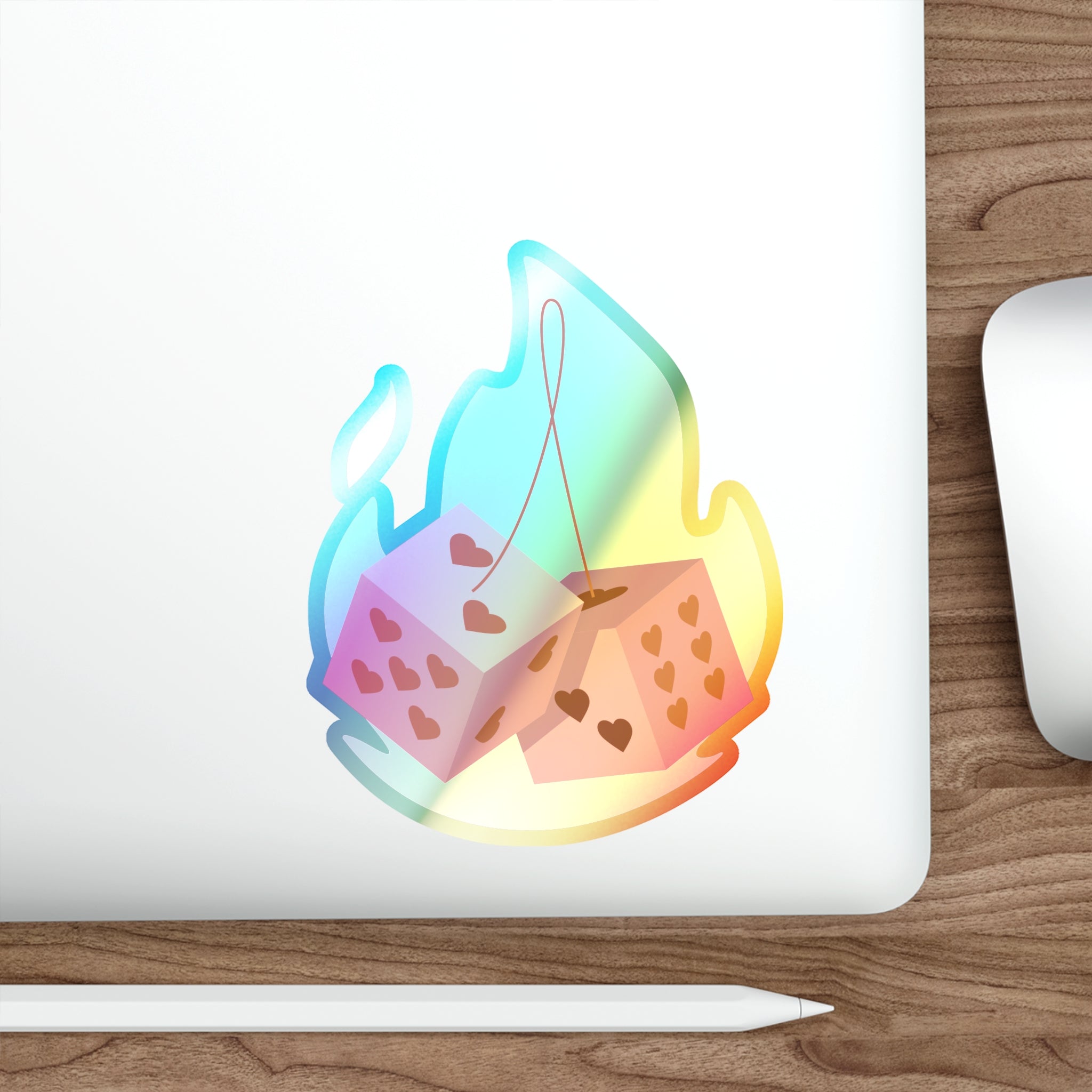 Holographic Die Cut Stickers - Flaming Dice with Hearts