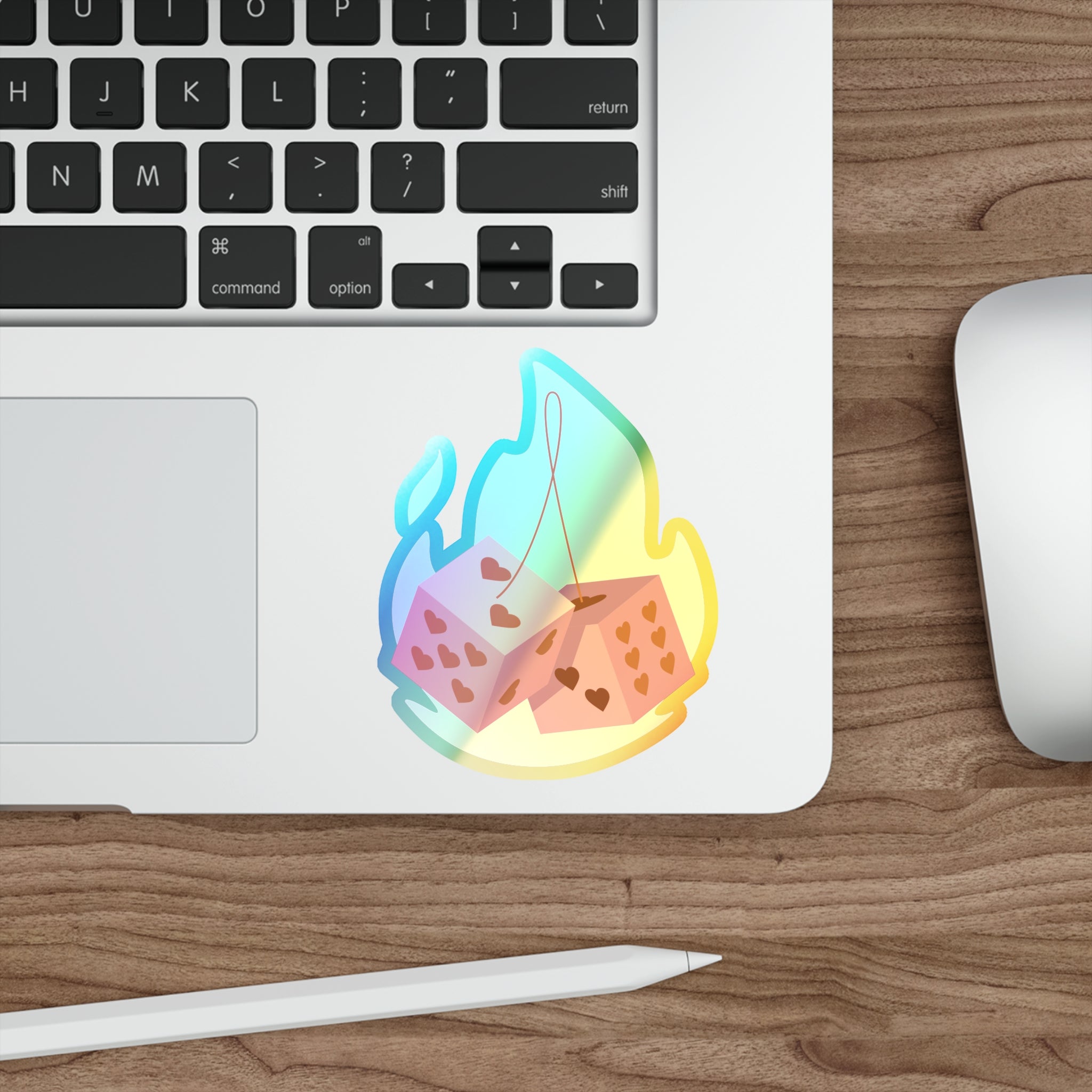 Holographic Die Cut Stickers - Flaming Dice with Hearts
