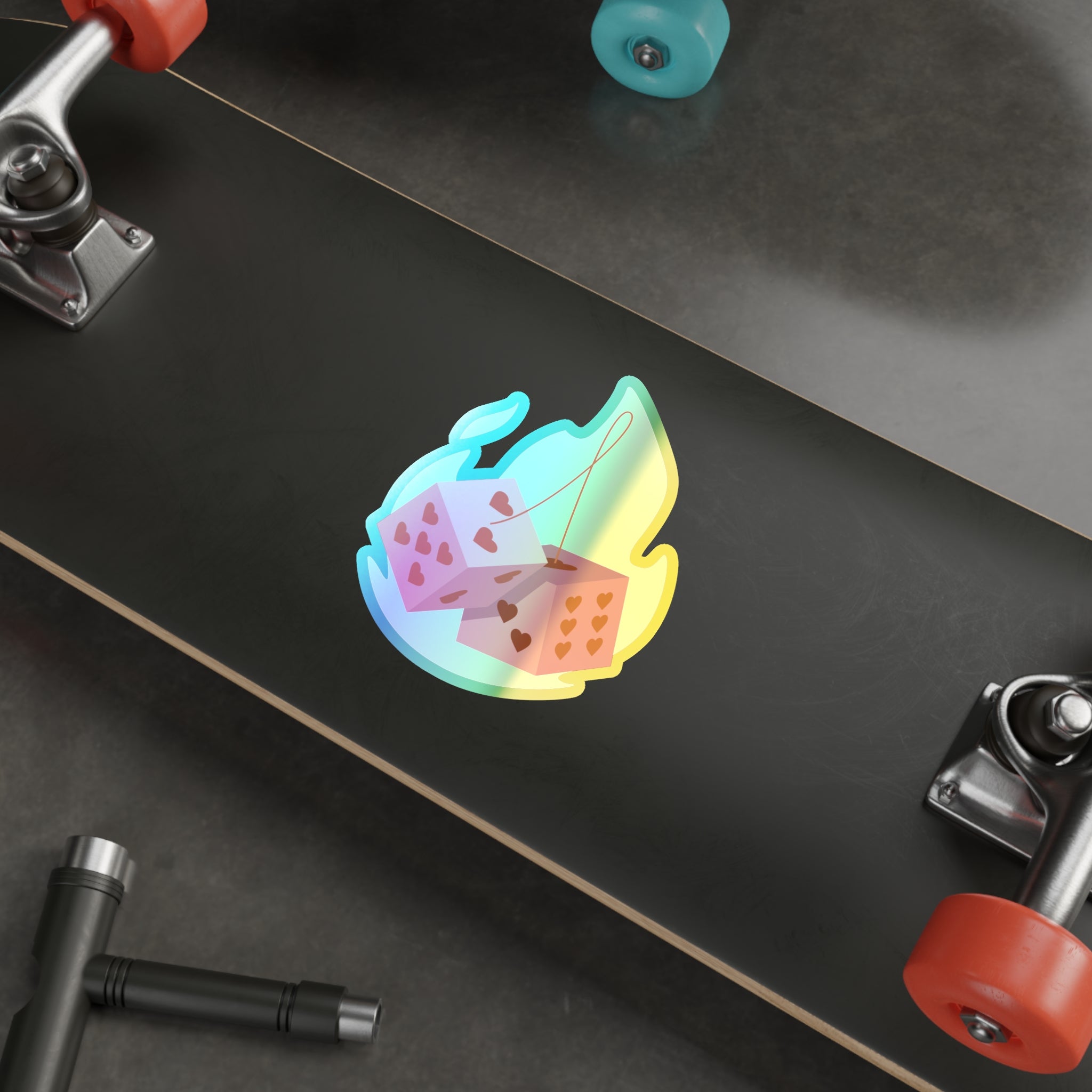 Holographic Die Cut Stickers - Flaming Dice with Hearts