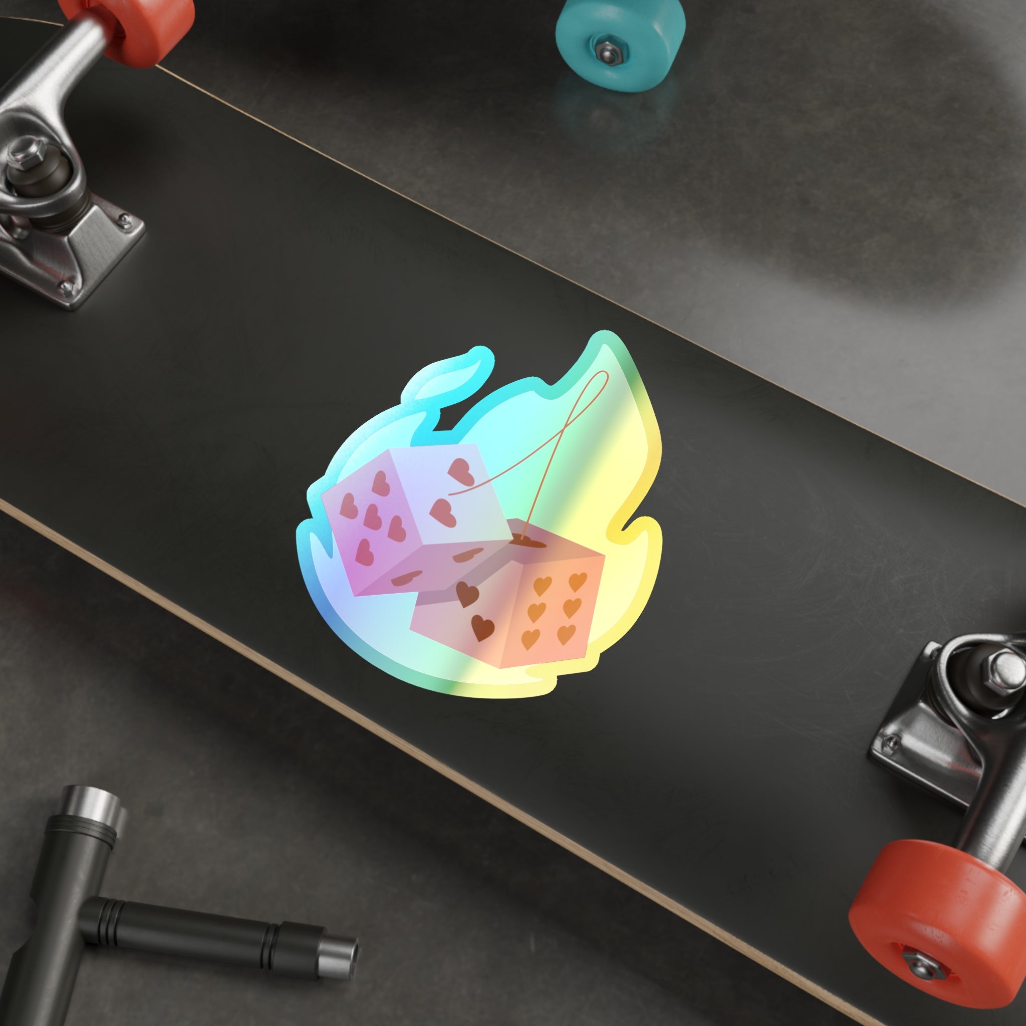 Holographic Die Cut Stickers - Flaming Dice with Hearts