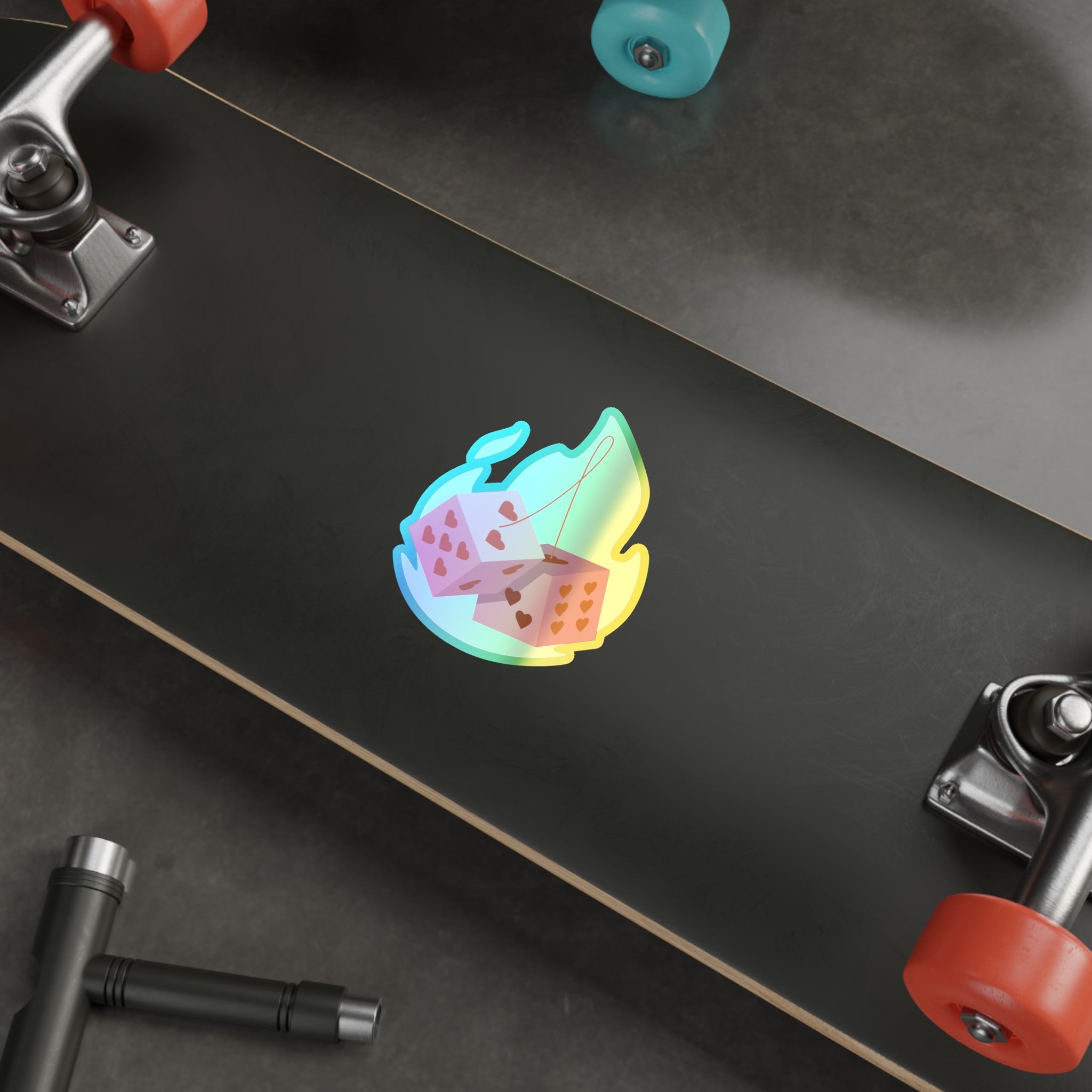 Holographic Die Cut Stickers - Flaming Dice with Hearts