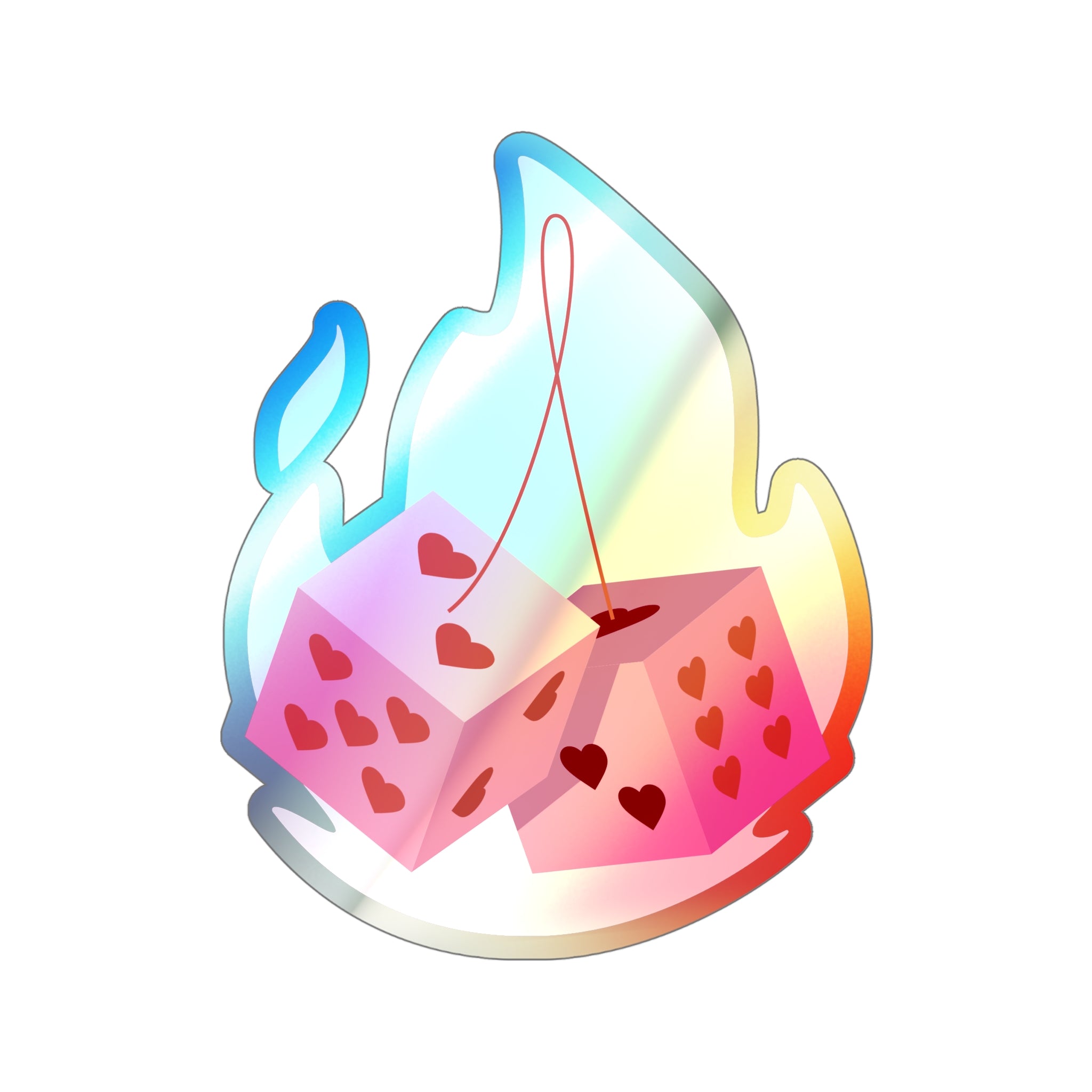 Holographic Die Cut Stickers - Flaming Dice with Hearts