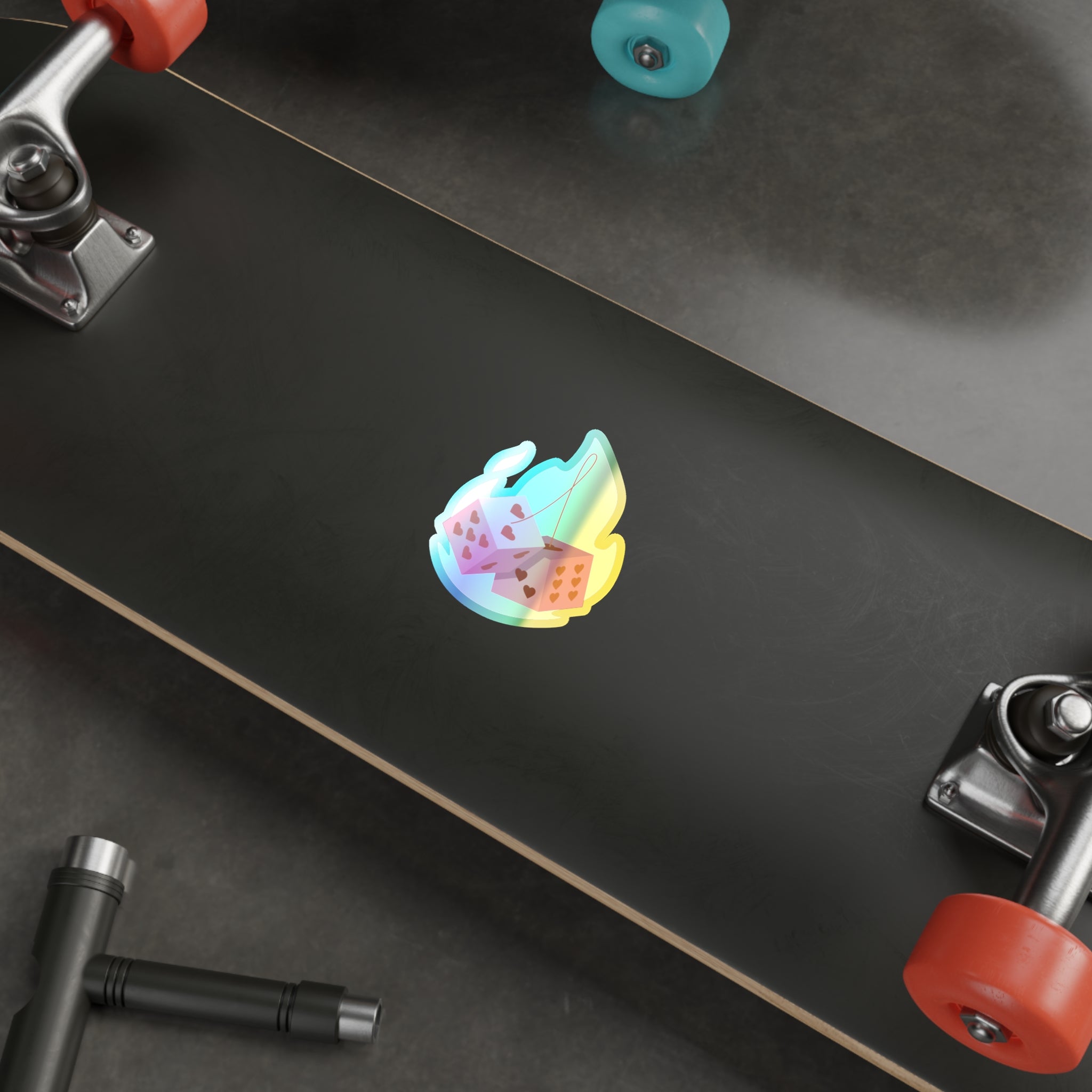 Holographic Die Cut Stickers - Flaming Dice with Hearts