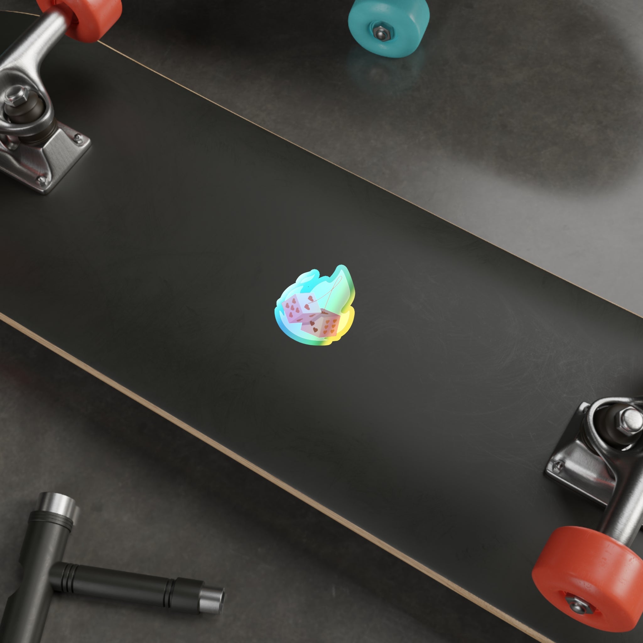 Holographic Die Cut Stickers - Flaming Dice with Hearts