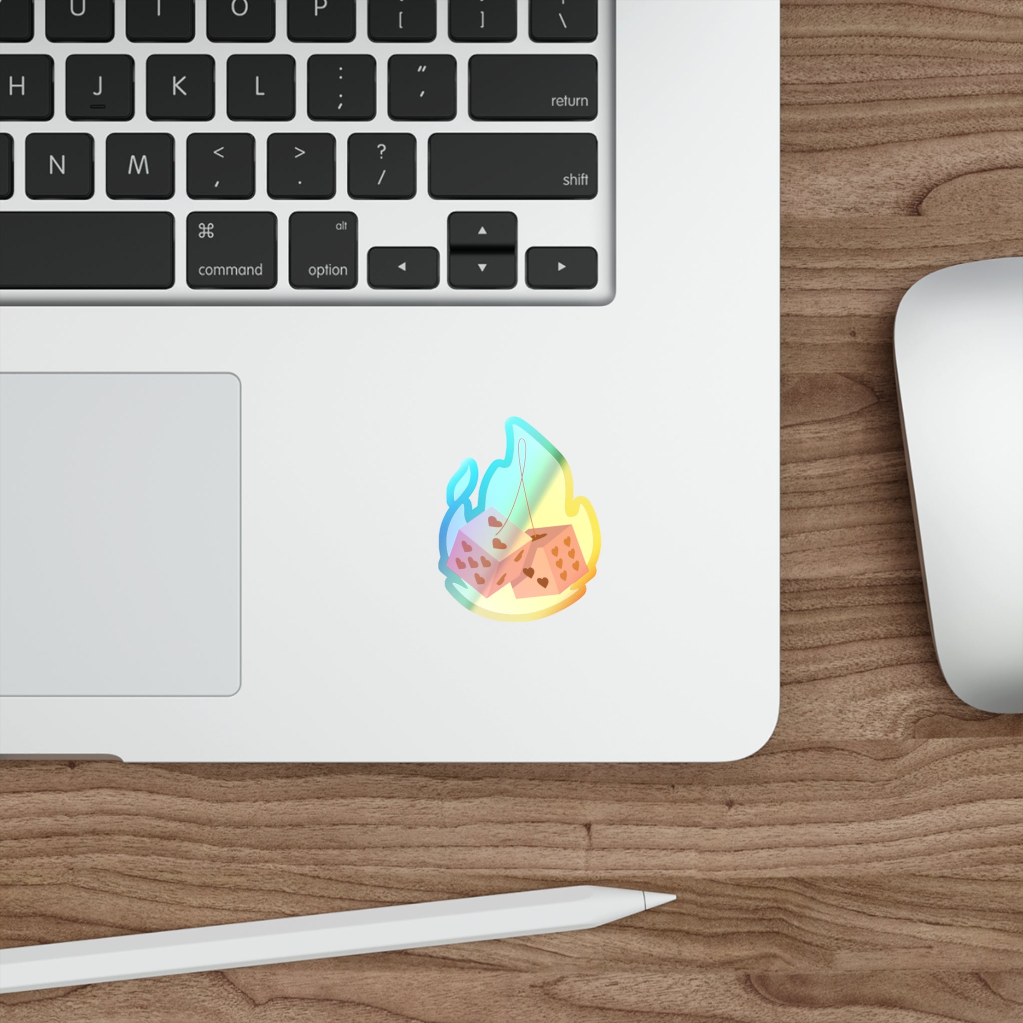 Holographic Die Cut Stickers - Flaming Dice with Hearts