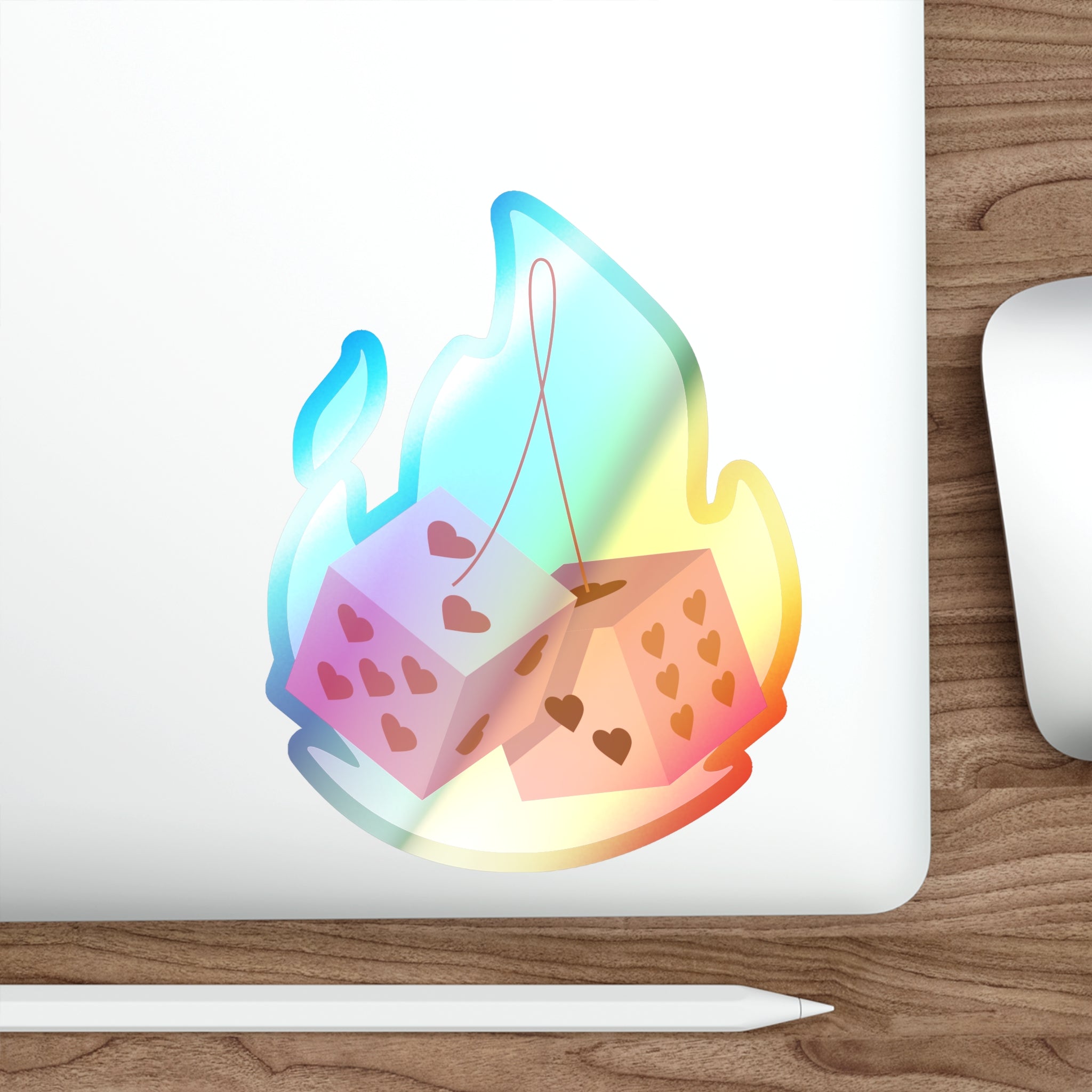 Holographic Die Cut Stickers - Flaming Dice with Hearts