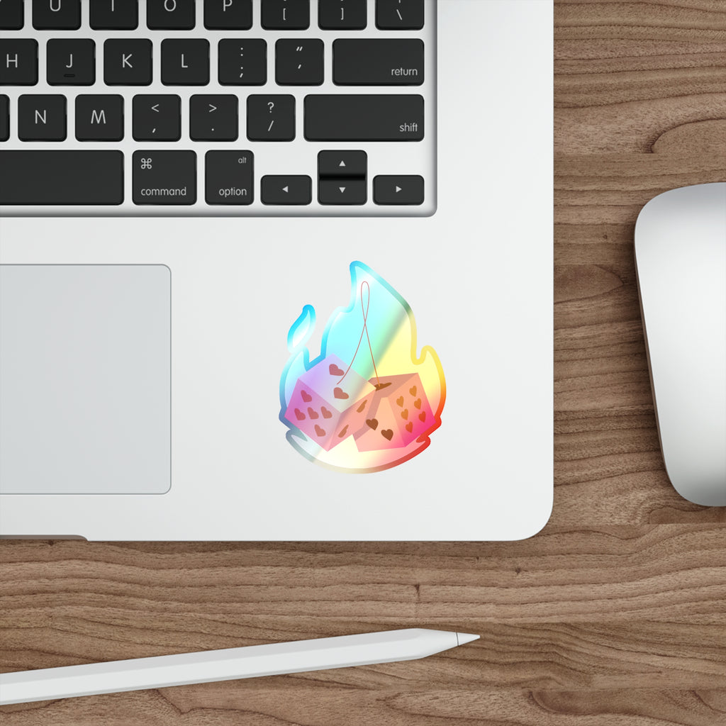 Holographic Die Cut Stickers - Flaming Dice with Hearts