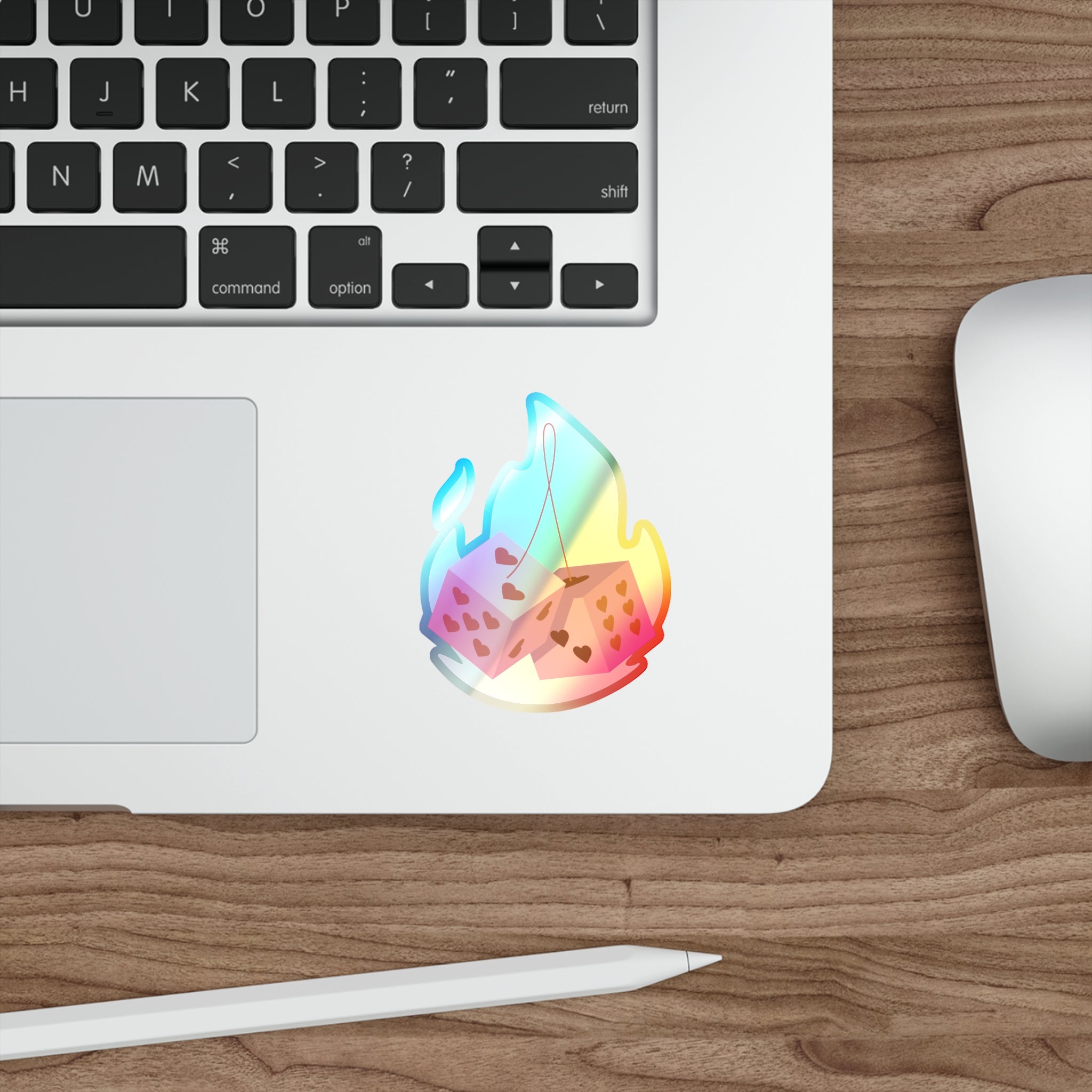 Holographic Die Cut Stickers - Flaming Dice with Hearts